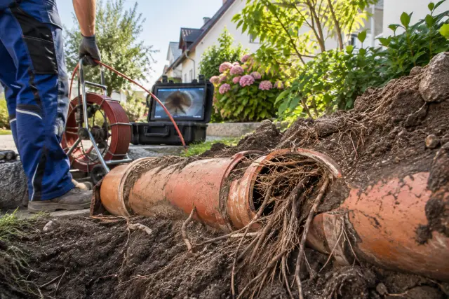 Freigelegte Abwasserleitung mit sichtbaren Wurzeln an einer undichten Verbindung neben einem Garten in Gütersloh.