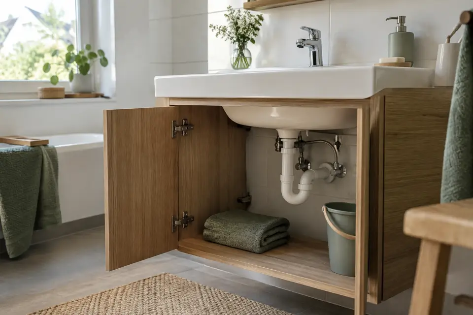 Waschbecken mit geöffnetem Unterschrank und gut sichtbarem Geruchsverschluss in einem Badezimmer in Gütersloh.