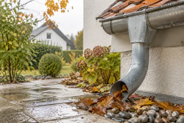 Herbstlaub an einem Regenrinnenablauf mit angeschlossenem Fallrohr an einem Wohnhaus in Gütersloh.